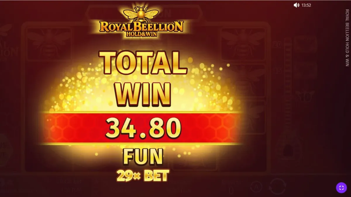 Interface do jogo Royal Beellion Hold & Win com tema de colmeia e abelhas